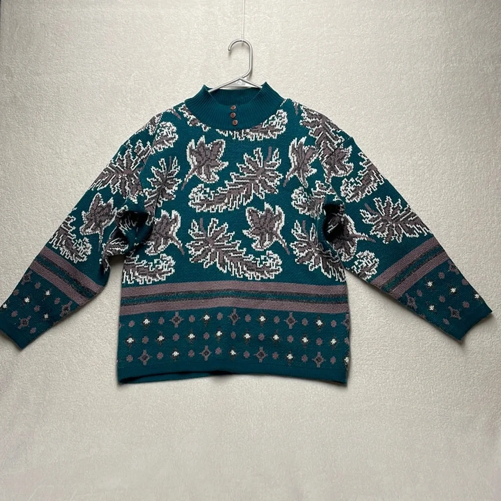 GINA PETERS Vintage Sweater Large Cozy Leaf Novelty Print Size Medium